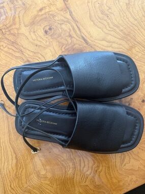 Victoria Beckham Black Leather Slide Sandals with Ankle Wrap